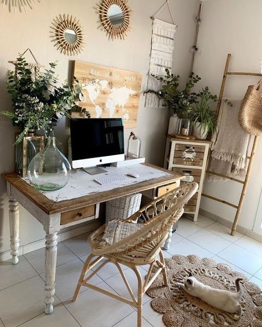 Round rattan chair in Bohemian home office