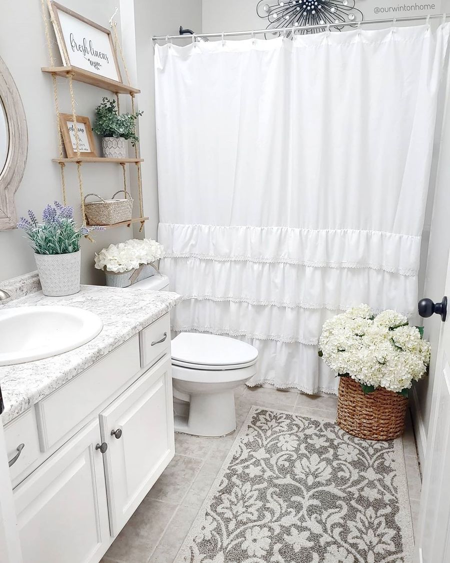 Ruffled Shower Curtain in Farmhouse Bathroom via @ourwintonhome