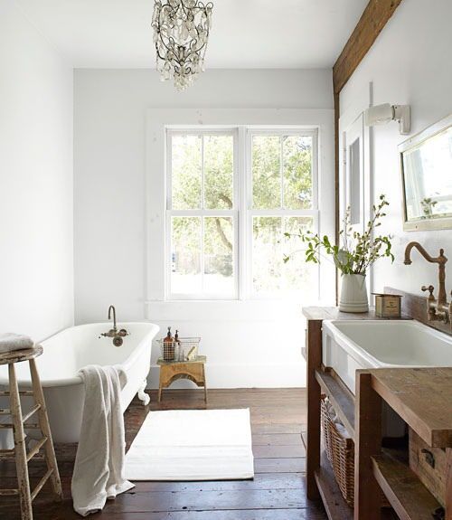 Rustic Wood Stool in Farmhouse Bathroom