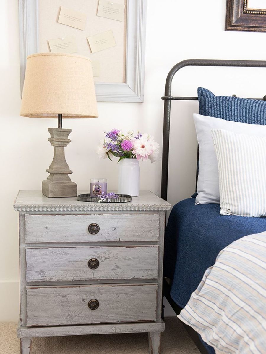 Rustic Wood Table Lamp on nightstand in Farmhouse Bedroom via @sanctuaryhomedecor