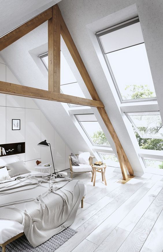 Scandinavian Bedroom with Exposed Wood Ceiling Beams