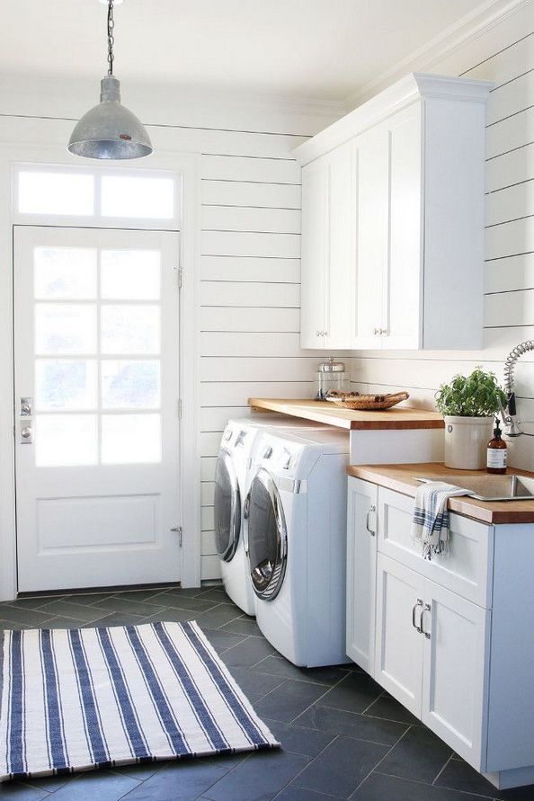 Shiplap Walls in a coastal laundry room design