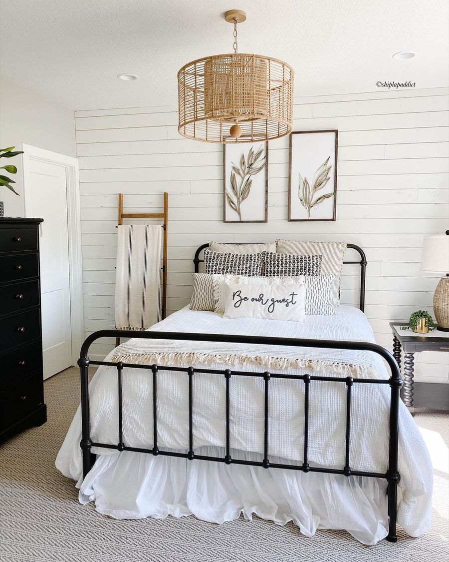 Shiplap accent wall in Farmhouse Bedroom via @shiplapaddict