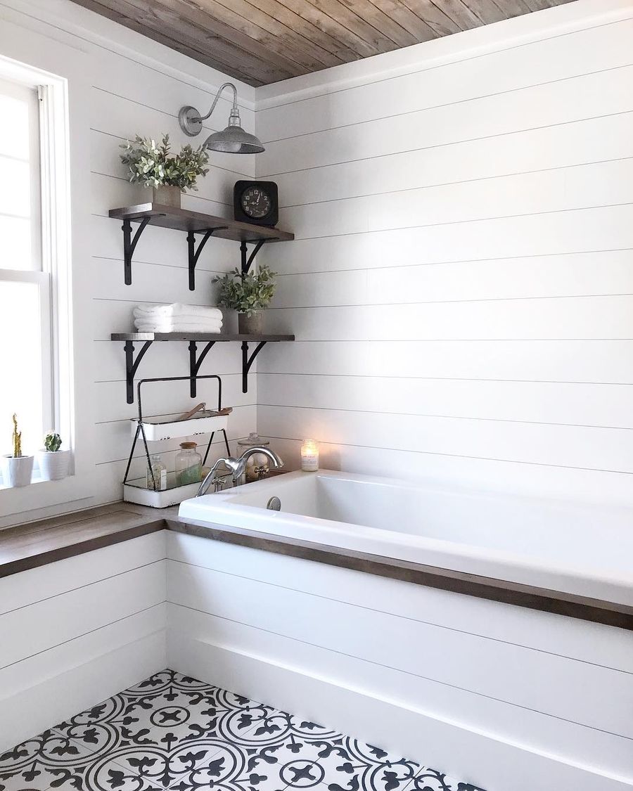 Shiplap walls in Farmhouse Bathroom with built-in tub via @angelarose_diyhome