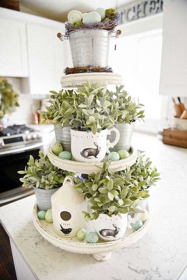 Spring Tiered Tray Decor in Kitchen via lizmarieblog