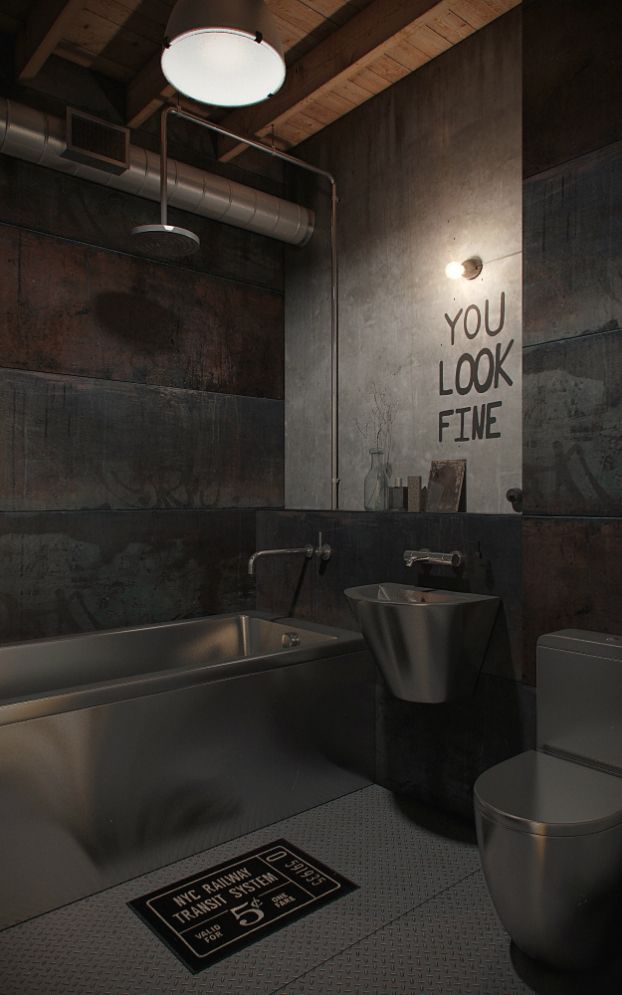 Stainless Steel Toilet, Sink, and Bathtub in Industrial bathroom decor home via NORDES