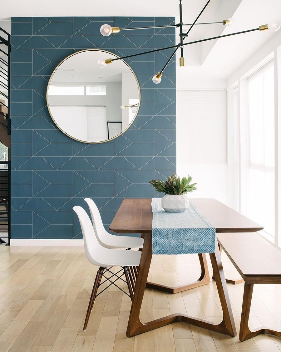 Teal Geometric Accent Wall in Mid-Century Modern Dining room via @laurenpressey