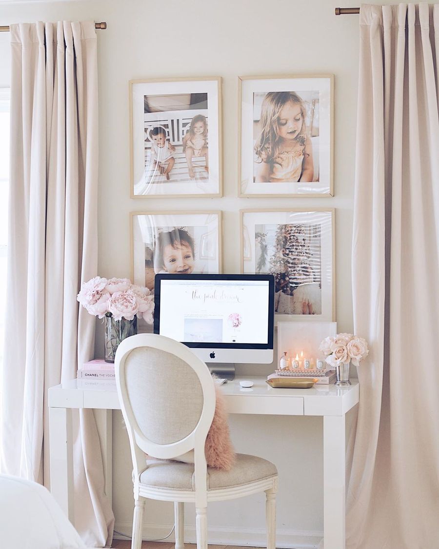 Thick Pale Pink Curtains and a French Side Chair in a Glam Office Design via @the.pink.dream