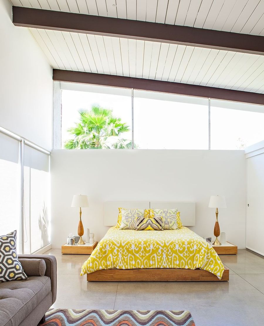 Yellow Patterned Sheets in Mid-Century Modern Bedroom via @theatomicranch