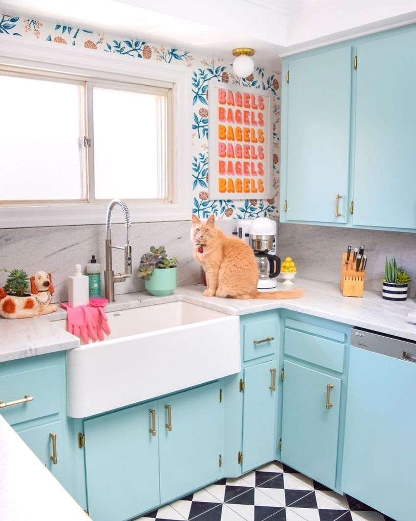 Baby Blue Kitchen Cabinets Mid-Century Modern Kitchen via @pmqfortwo