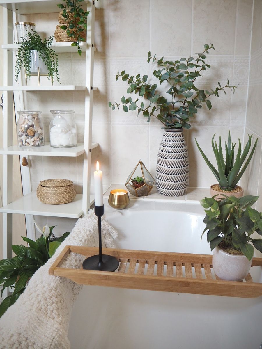 Bamboo bath caddy greenery Bohemian Bathroom Design via dovecottageblog