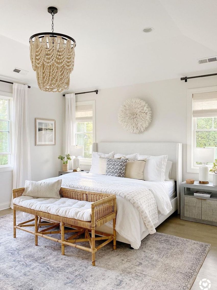 Beaded Chandelier in Neutral Bedroom via @lifeoncedarlane