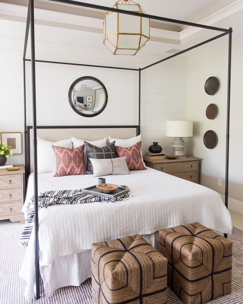 Black Iron Canopy Bed in Neutral Bedroom via @whittneyparkinson