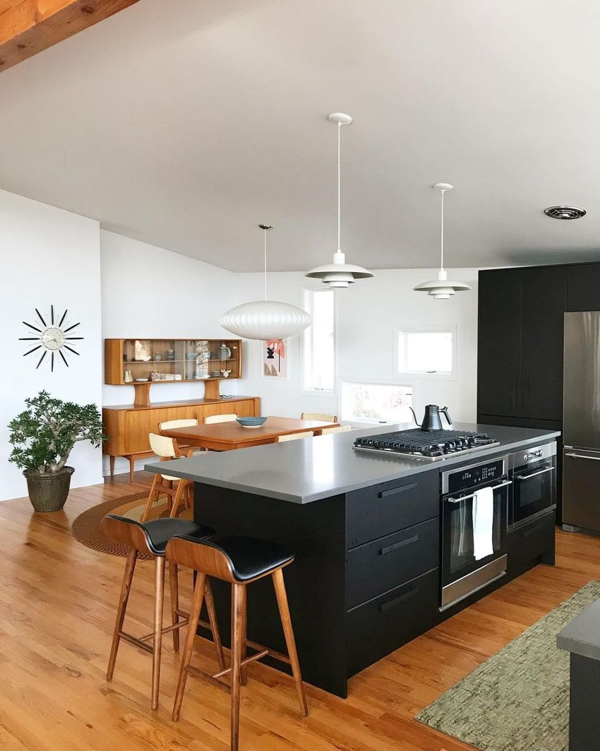 Black Kitchen Island Design Mid Century Modern Kitchen @postandbeamliving 