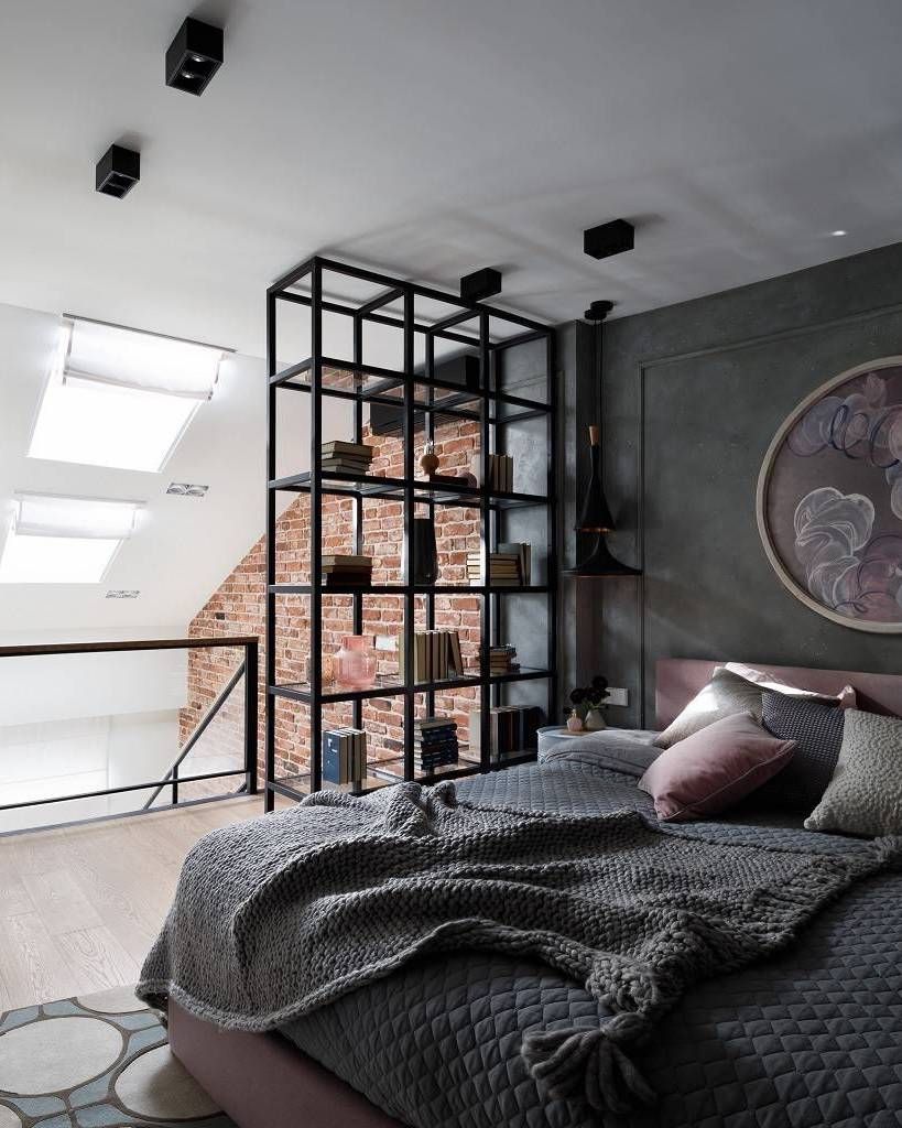 Black Metal Bookcase in Industrial Bedroom Decor via Annalena design studio