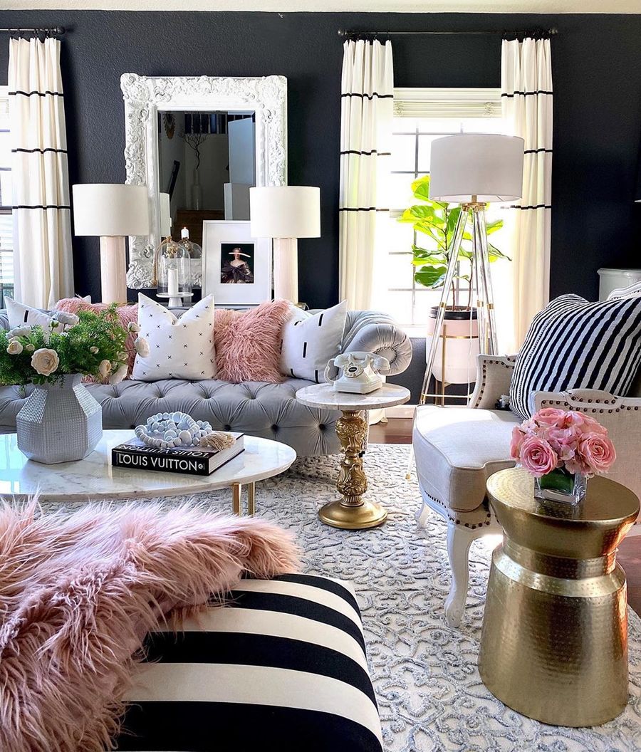 Black walls in Feminine Living Room via @homeandfabulous