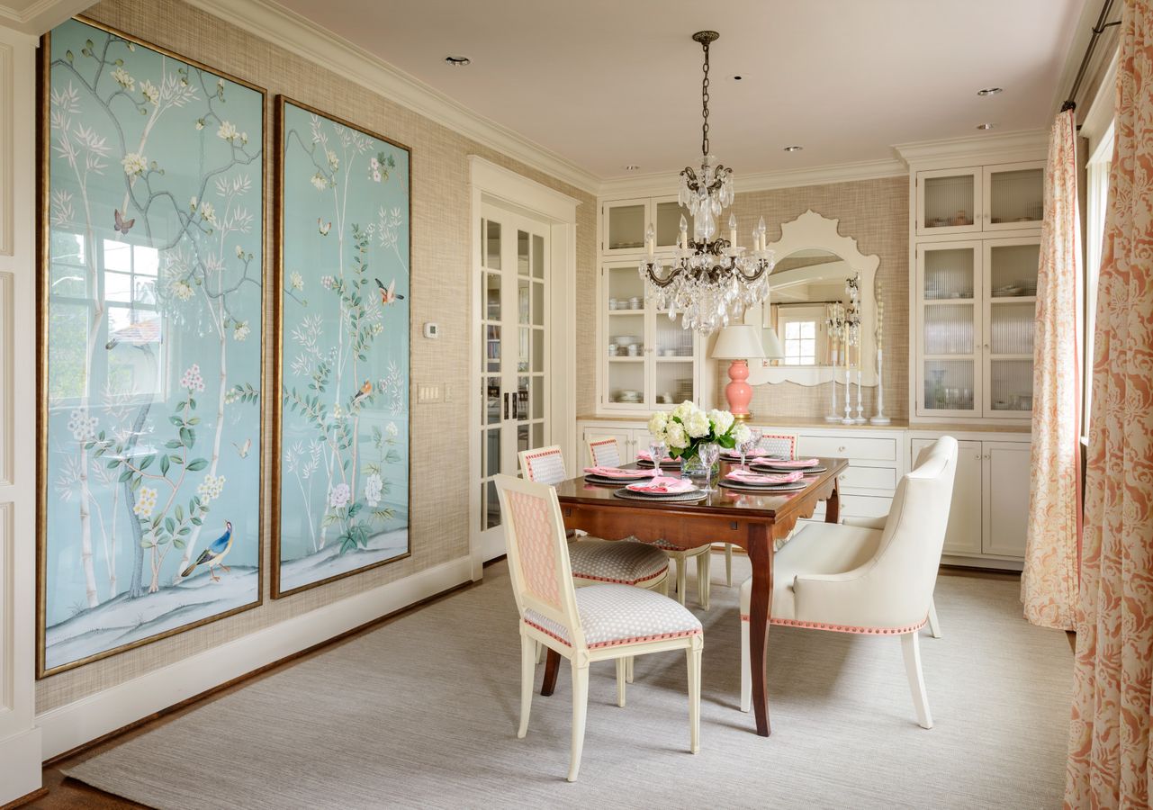 Blue De Gournay wall panels in Feminine dining room design via massuccowarner