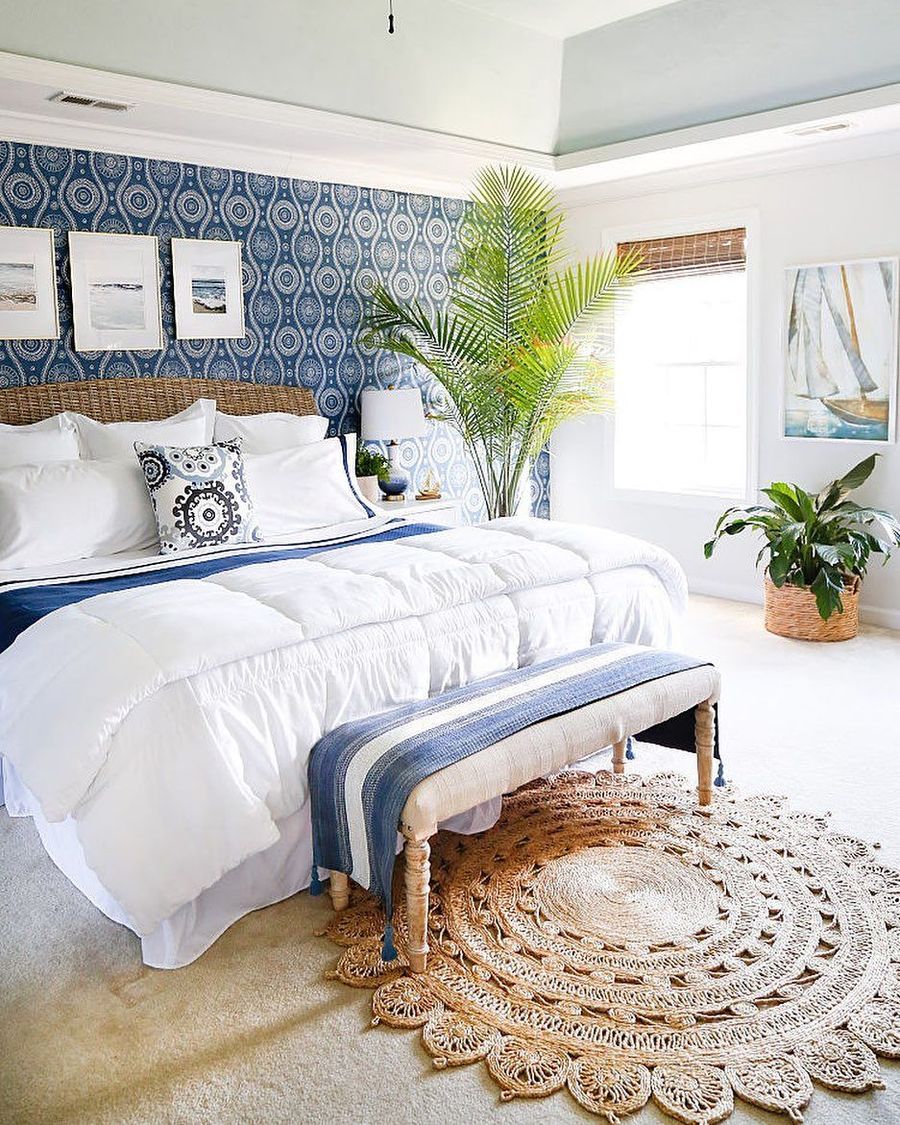 Blue Patterned Wallpaper in Tropical Bedroom via @sandandsisal