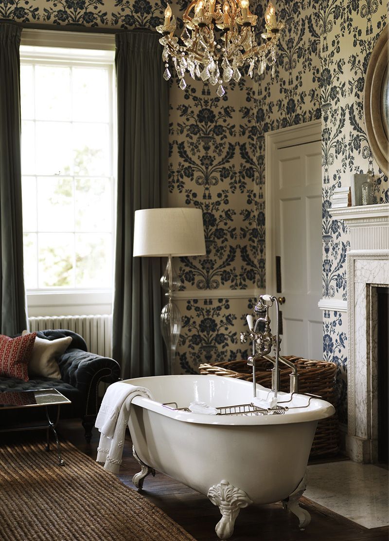 Blue and White Damask Wallpaper in English Country Bathroom via Babington House