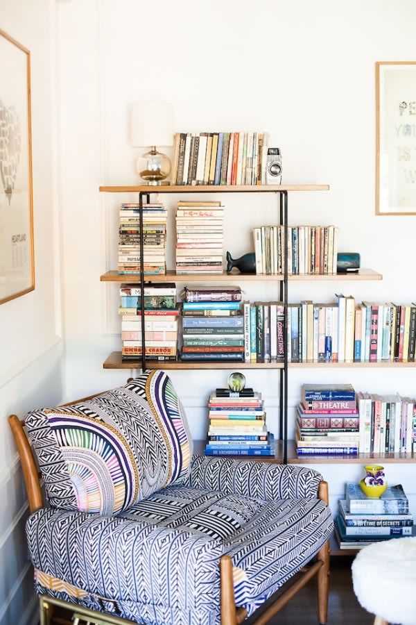 Bohemian Reading Nook with Patterned Fabric Accent Chair