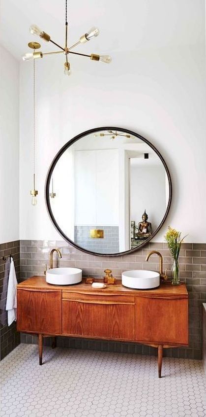 Brass Rod Lighting Fixure and Sideboard Vanity in Mid-Century Modern Bathroom