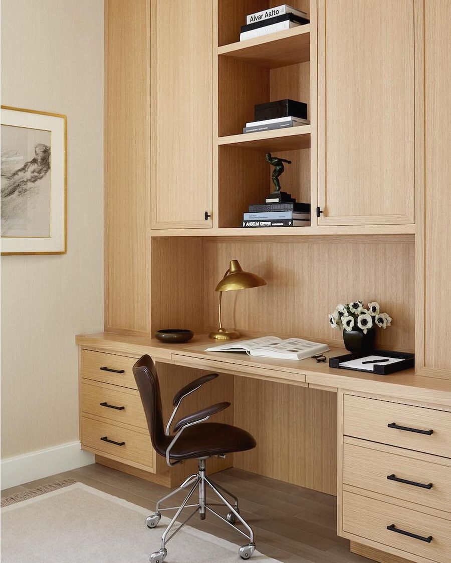 Brass task lamp in Neutral Office with Built-in Desk via @alyssakapitointeriors