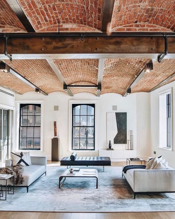 Brick Ceiling Accent Wall Industrial Living Room with via @loho_bride