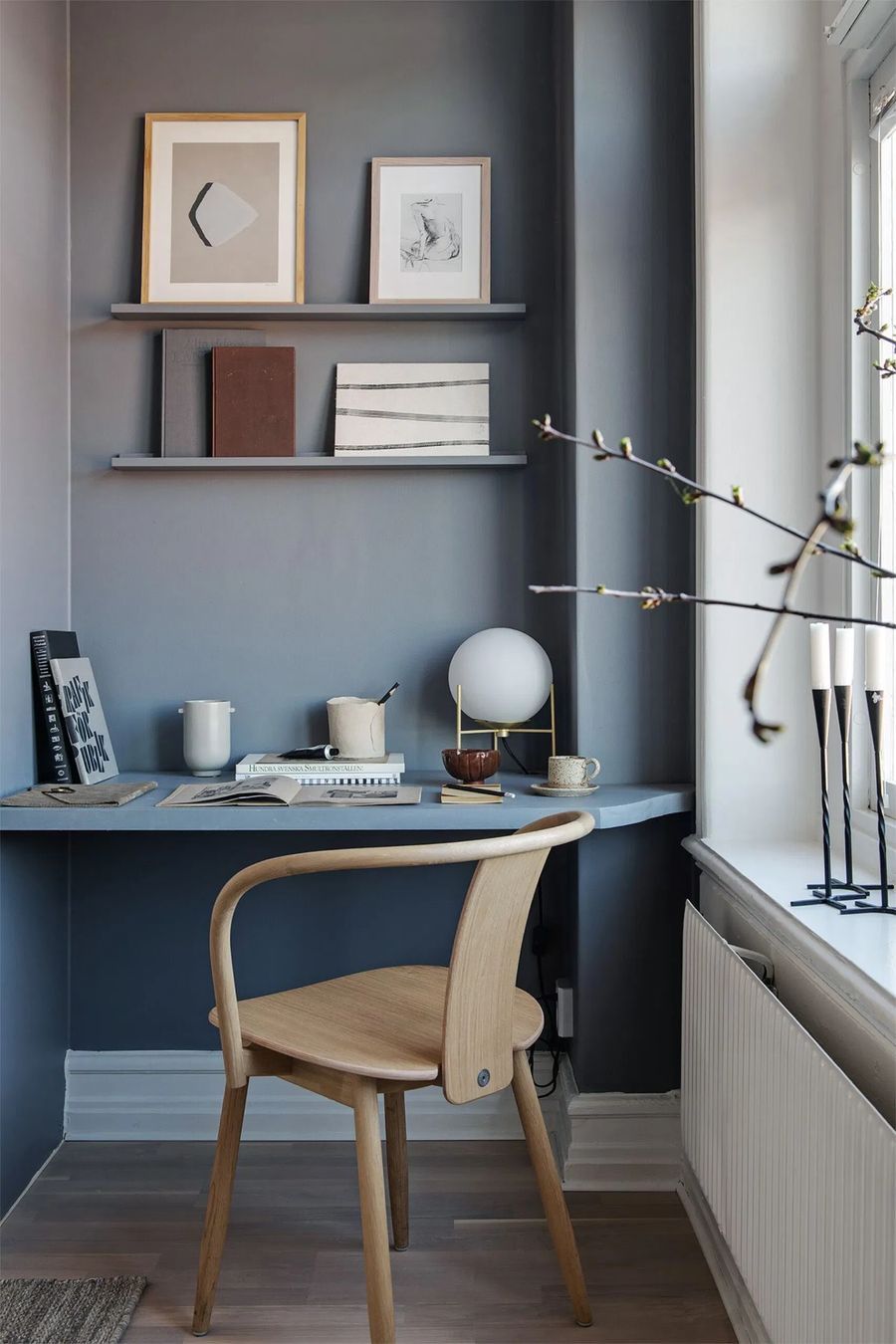 Built-in Blue Desk with Shelving in Scandi Home Office via Alvhem