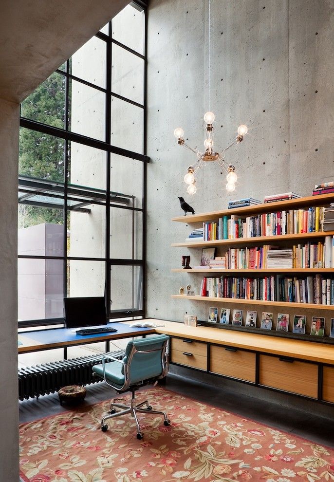 Built-in Wall Bookshelves Urban Industrial Home Office Design via rho architects