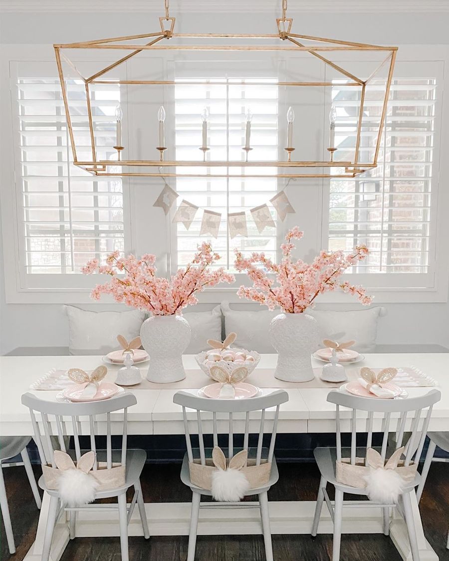 Bunny Tails Behind Dining Chairs and Easter Tablescape Decor with Cherry Blossoms via @shannongolddesign