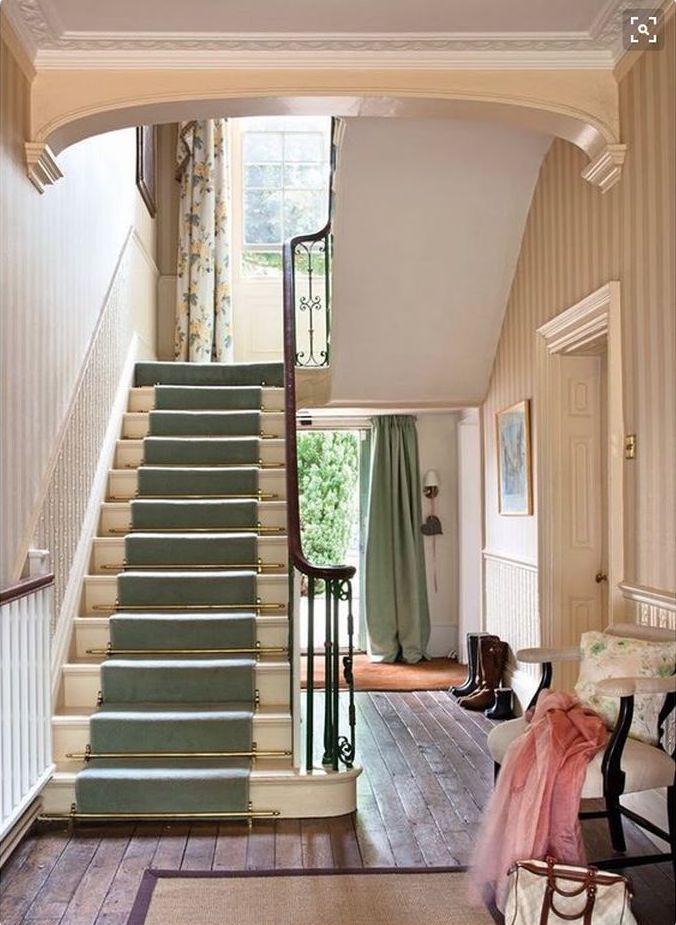 Carpeted Stairs in English Country Entry Design