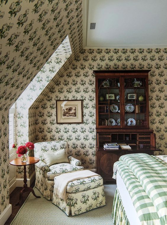 Chaise Lounge in corner of English Country Bedroom