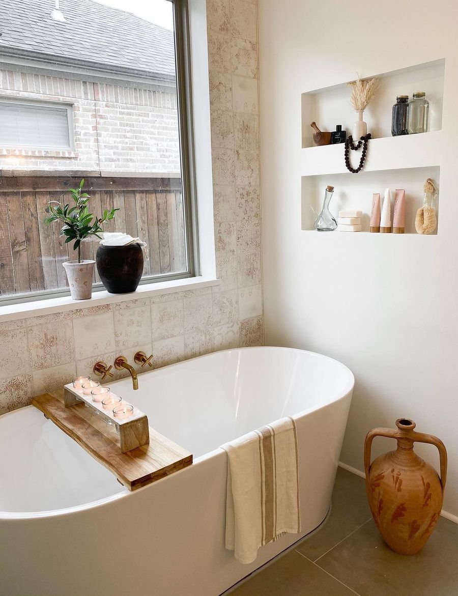 Clay Pottery Jug in Modern Bohemian Bathroom Neutral Design via @jujhavens