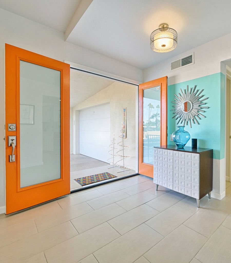 Colorful Front Door Palm Springs mid-century modern entryway via Abode Image