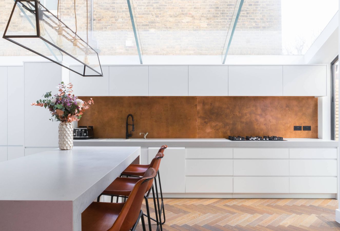 Copper Backsplash Industrial Kitchen via Honey Bee Interiors