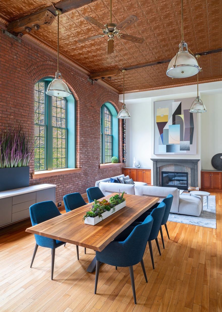 Copper Ceiling in Industrial Dining Room Design by Depole Design