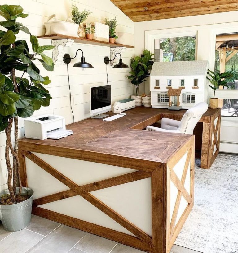 51 Modern Farmhouse Home Office Decor Ideas   Custom Built U Desk Farmhouse Home Office Design Via @deck.to .farm .charm  768x814 