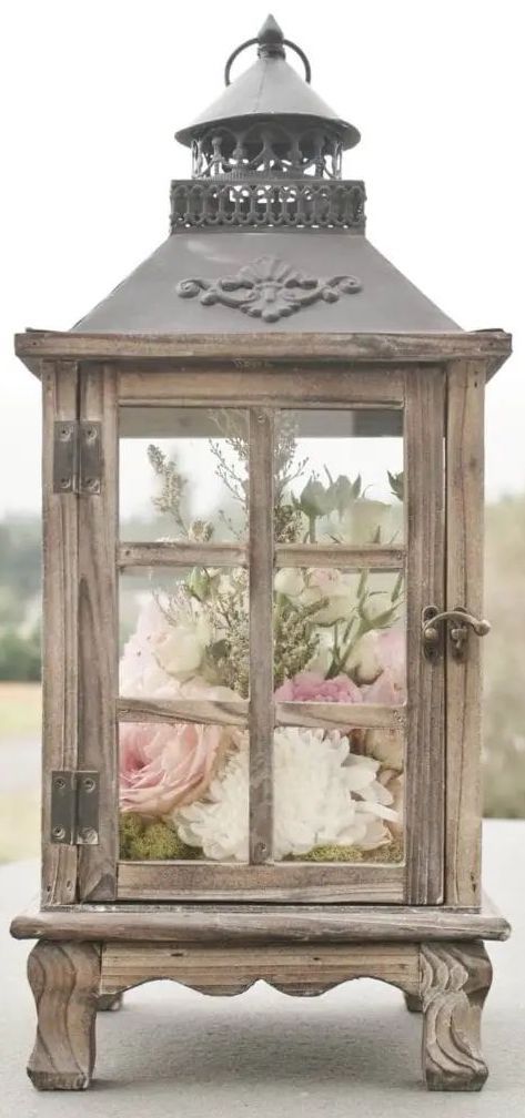 DIY Wood Lantern with Flowers Inside via eventfulmomentsllc