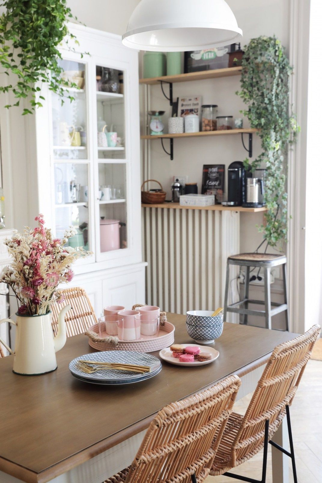 Dried flowers in a cream white pitcher on table of French Country breakfast nook via via Hello-hello Coralie