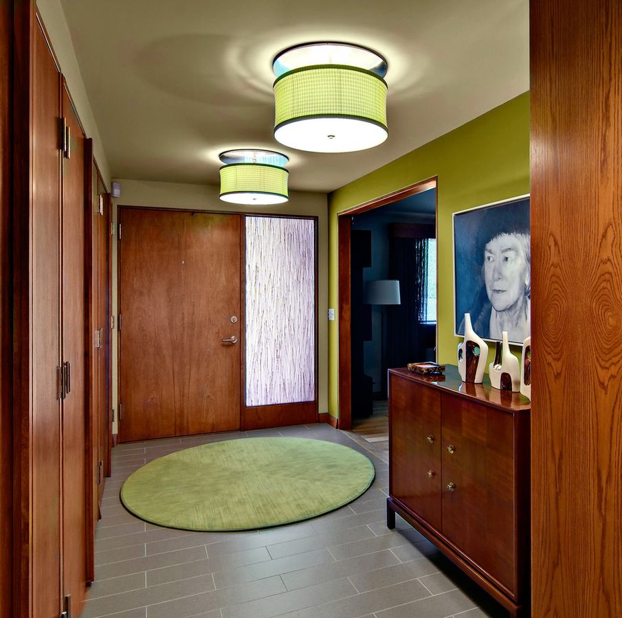 Drum Semi-Flush Lighting in Mid-Century Modern Entryway Design via dhdstudio