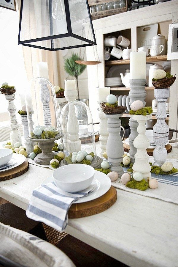 Easter Home Decor Ideas for Dining Room with Pillar Candles via lizmarieblog