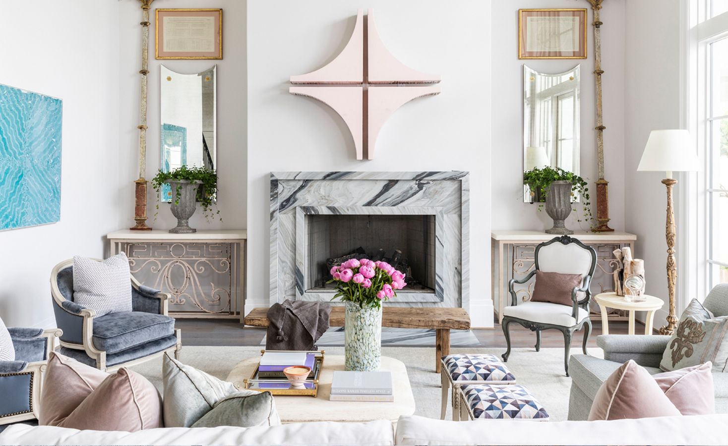 Elegant European Furniture in Feminine Living Room Design via Dodson Interiors