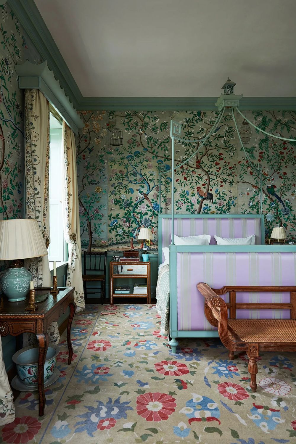 English country bedroom floral wallpaper canopy bed Edward Bulmer