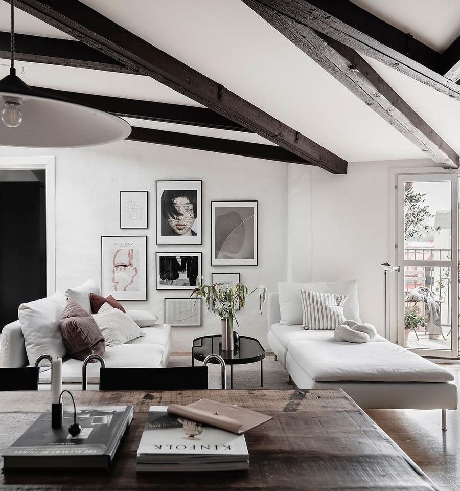 Exposed Wood Ceiling Beams in Scandinavian Living Room via @entrancemakleri