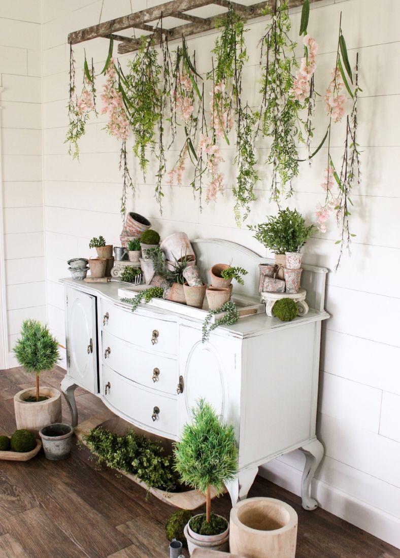 Farmhouse spring decor Hanging Flowers from a ladder via cottonstem