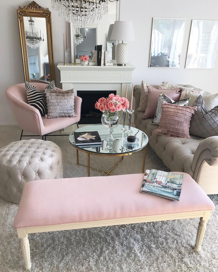 Feminine Living Room Decor with Pink Bench and Mirrored Coffee Table via @kalazpinglan