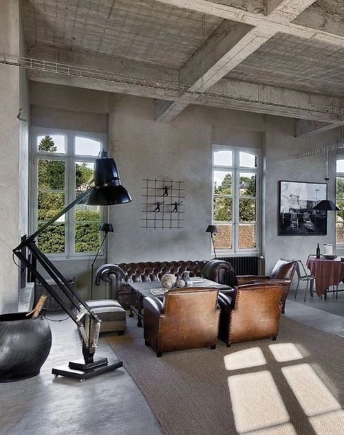 Floor Lamp Industrial Living Room with Brown Leather Sofa and Black Metal Floor Lamp