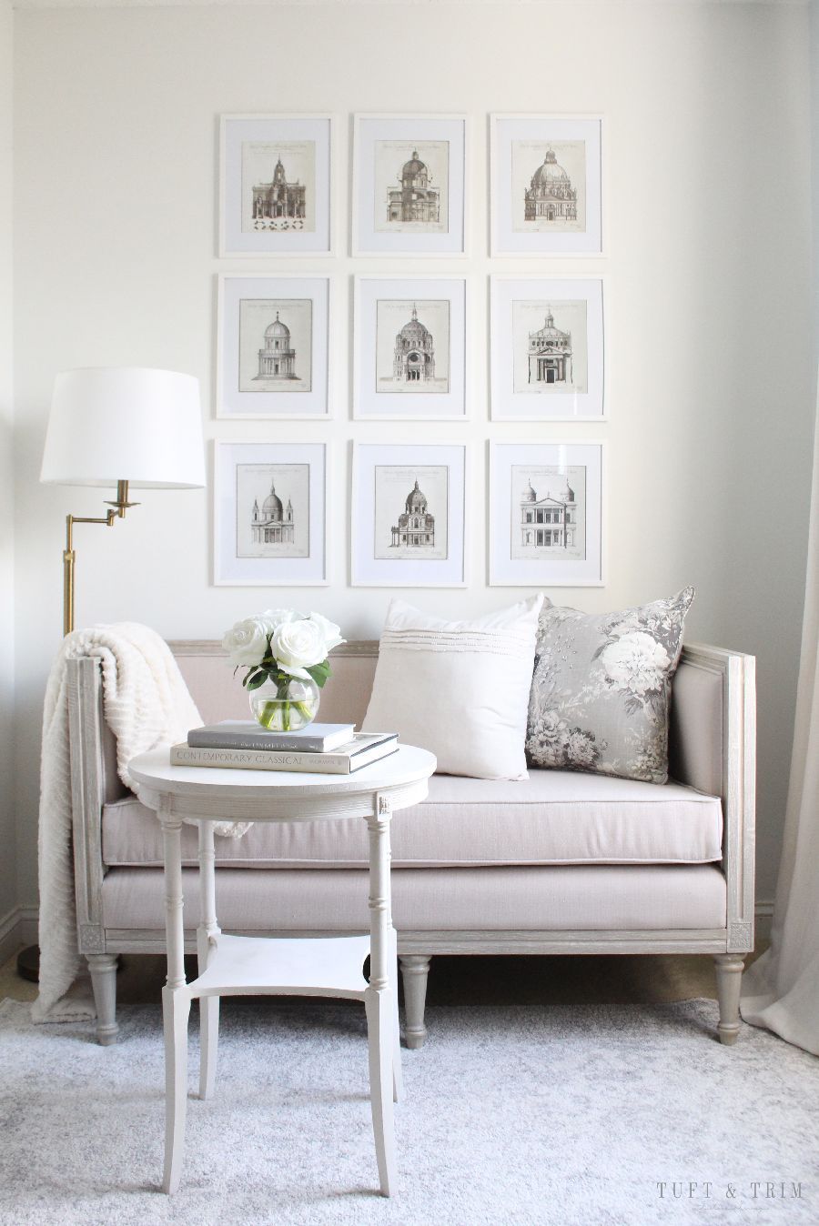 French settee French country reading nook design via Tuft and Trim