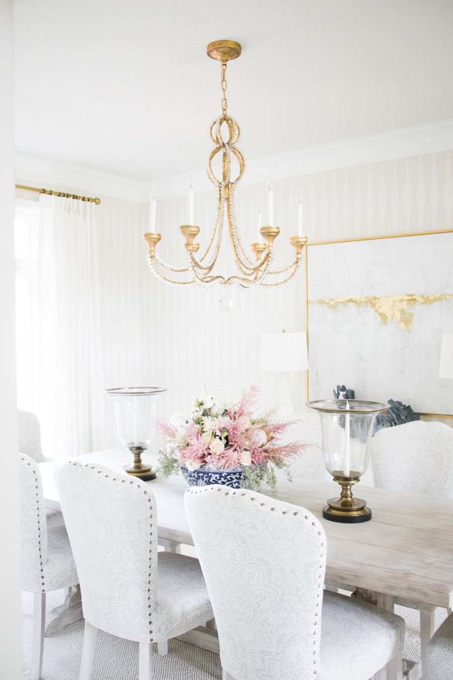 Gold Chandelier Feminine Dining Room via SD Custom Homes