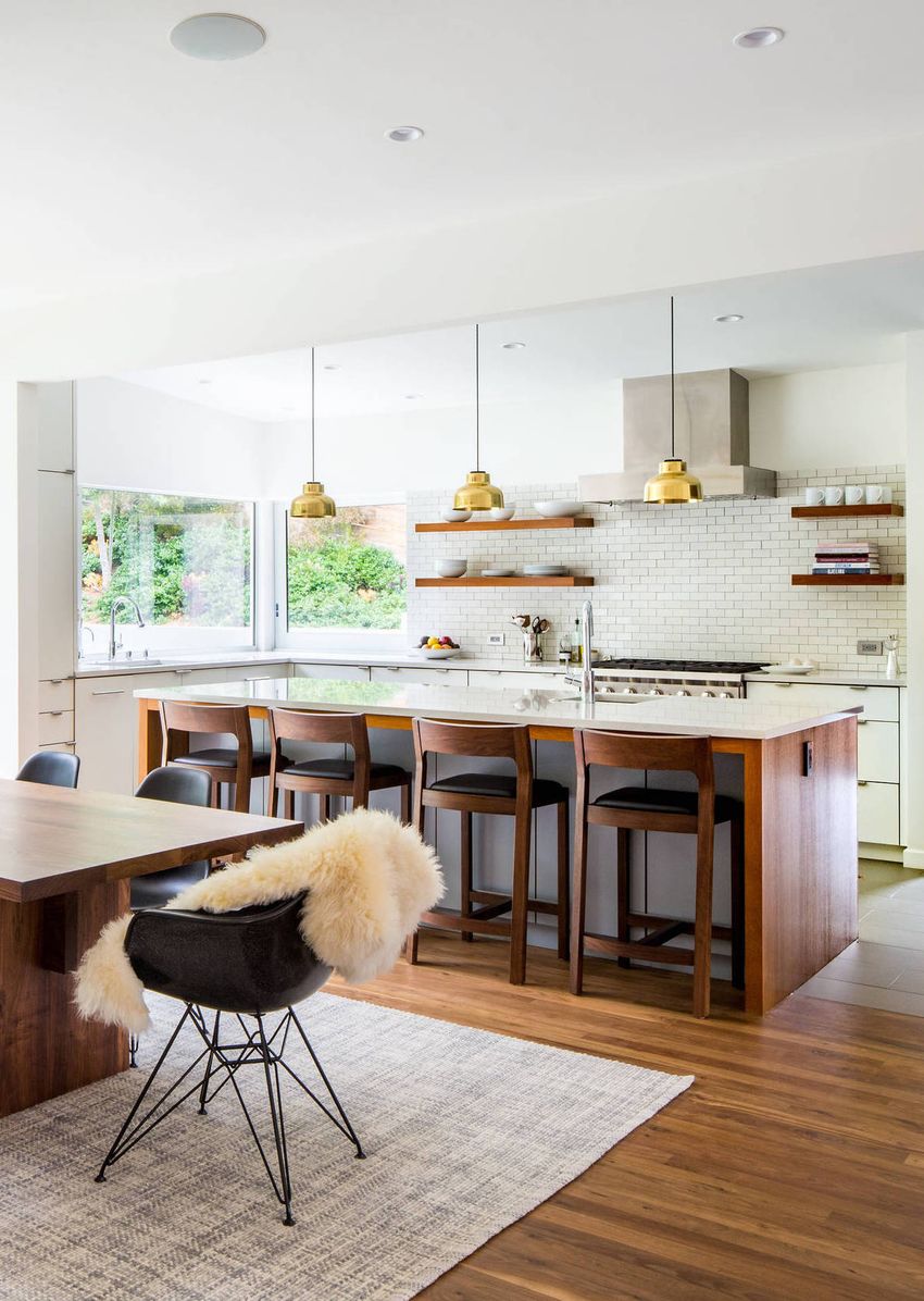 Gold Pendant Lights Mid Century Modern Kitchen Via Natalie Myers 